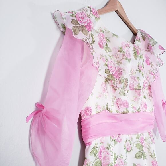 Vintage 70s Sylvia Ann Rose Floral Maxi Gown Regencycore Cottagecore Pink 14 - Picture 5 of 16
